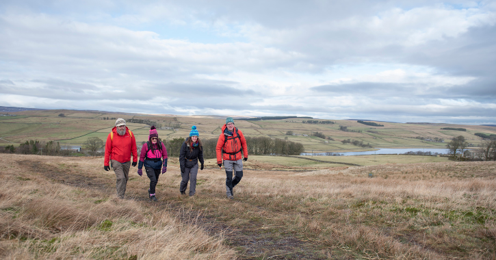 Group of walkers in the North Pennines National Landscape on the Roof of England Walking Route.